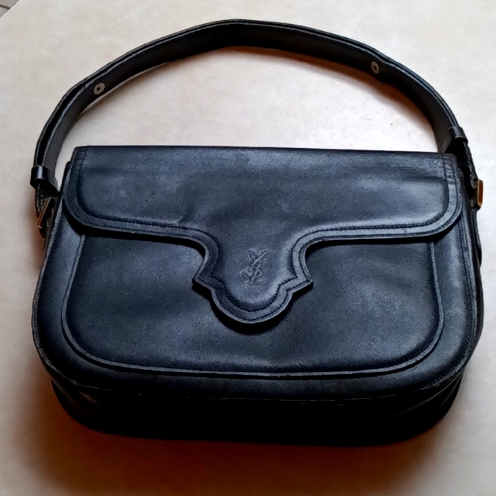 Yves Saint Laurent Vintage Saffiano Leather Logo Shoulder Bag.